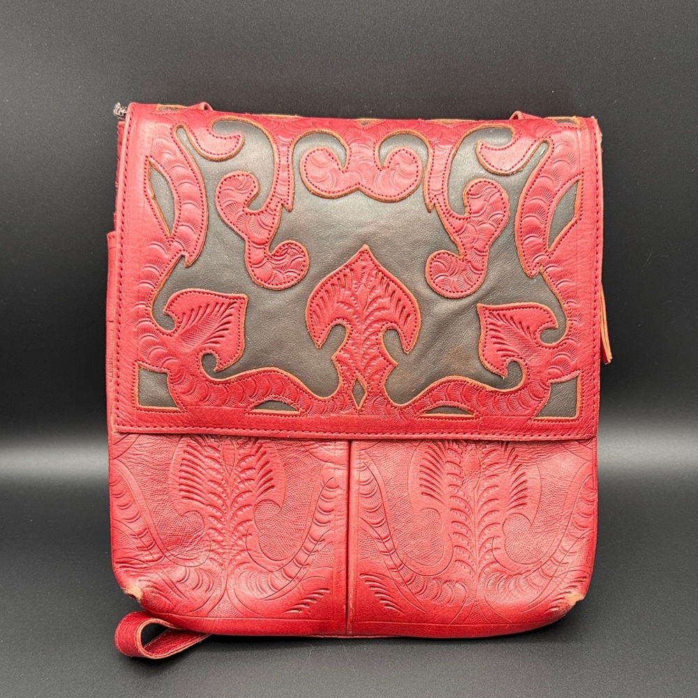 Red and Black Embossed Leather Crossbody Bag